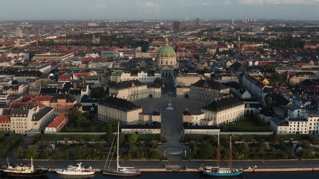 Aerial view of Amalienborg Castle located in Copenhagen, Denmark at sunrise