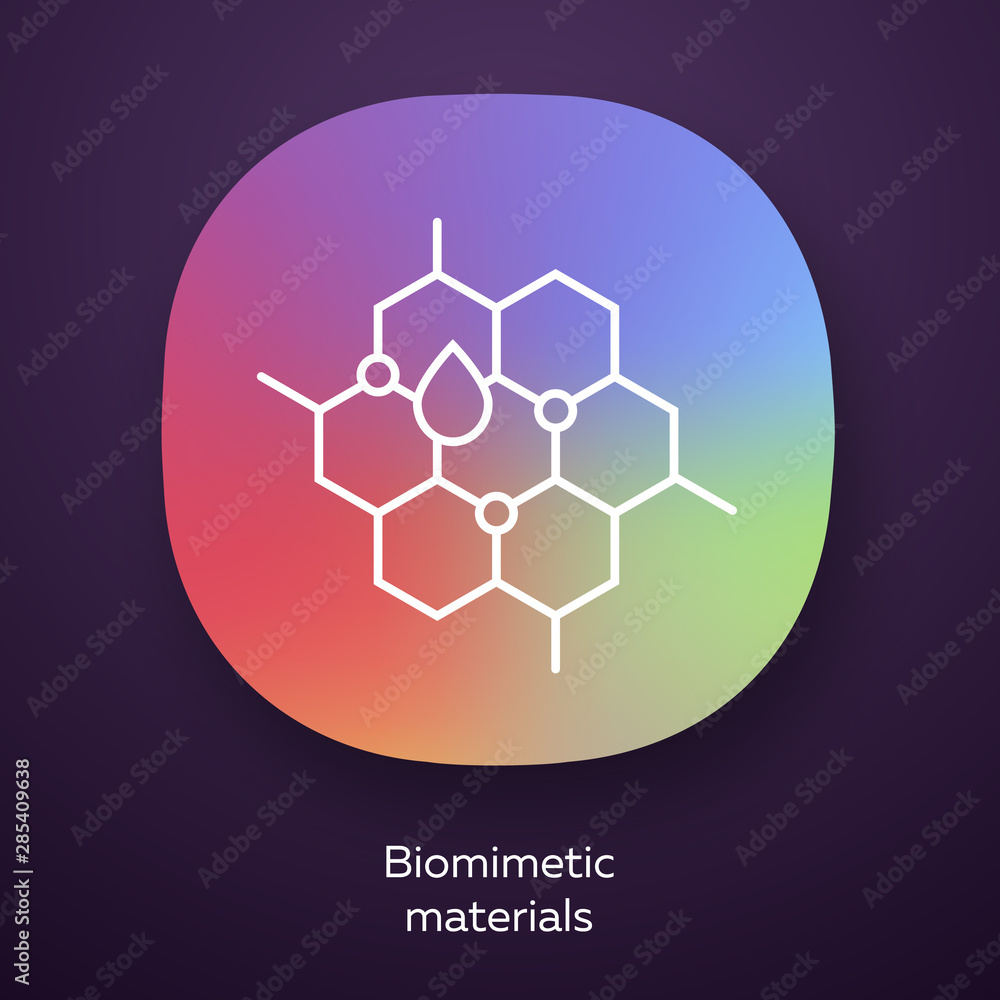 Poster biomimetic materials app icon. copying natural formation by human. honeycomb, water drop. bioenginee