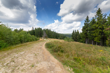 Fototapeta na wymiar Mountain trail in Polish Beskid Mountains to Jaworzyna Krynicka near Krynica in Poland