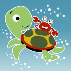 cartoon vector of turtle and crab underwater