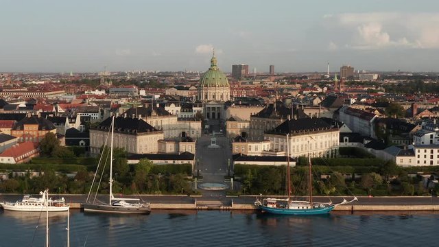 Aerial view of Amalienborg Castle located in Copenhagen, Denmark at sunrise