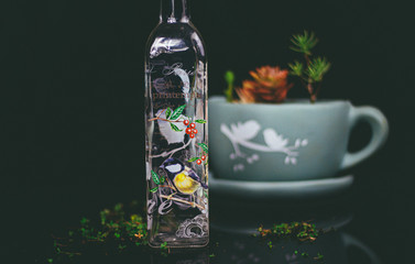 Olive oil bottle with ornate colorful bird design on black background with succulent plants in a tea cup