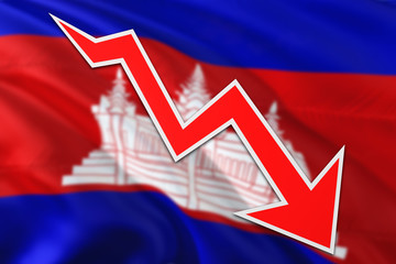 Fototapeta premium Cambodia economy graph is indicating negative growth, red arrow going down with trend line. Business concept on national background.