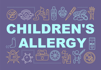 Children allergy word concepts banner. Kids health care. Pediatric allergy and immunology. Presentation, website. Isolated lettering typography idea with linear icons. Vector outline illustration