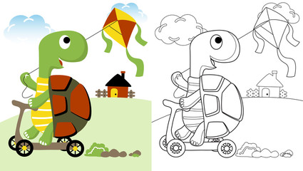 turtle playing kite, vector cartoon, coloring page or book