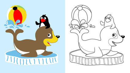 seal and penguin on circus show, vector cartoon, coloring page or book