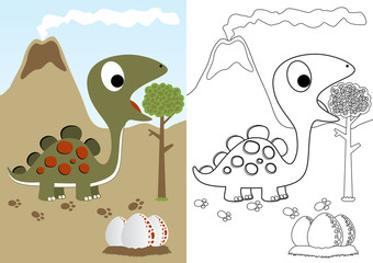 dino with its eggs on volcano background, vector cartoon, coloring page or book