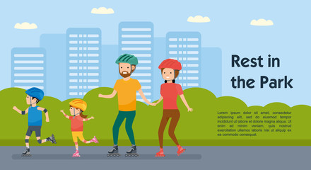 Family leisure. Walk in amusement park, roller skating. Vector illustration in a cartoon style