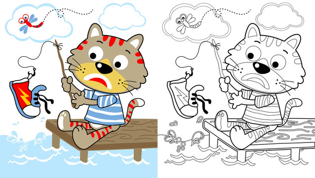 funny cat fishing time, vector cartoon, coloring page or book