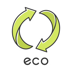 Obraz premium Eco label color icon. Two green rounded arrow signs. Recycle symbol. Alternative energy. Environmental protection sticker. Eco friendly chemicals. Organic cosmetics. Isolated vector illustration