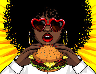 Vector banner african american woman eating a burger. Comic cartoon pop art retro vector illustration drawing female hands holding a yummy sandwich