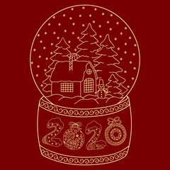 Toy glass snow globe with house. Lettering number 2020. Coloring book page for adults and children. Winter decorative pattern - snowflake, christmas trees, snowman, bow, ball.