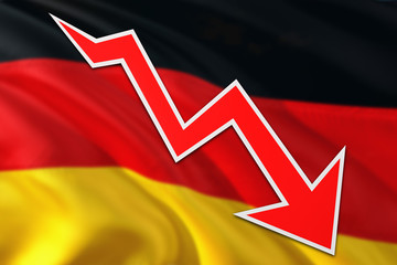 Germany economy graph is indicating negative growth, red arrow going down with trend line. Business...