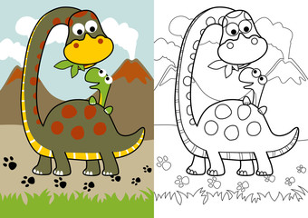 vector cartoon of dino feed its son, coloring page or book