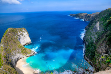 Aerial view of Kelingking Beach aka T-Rex Head Beach in Nusa Penida, Bali, Indonesia