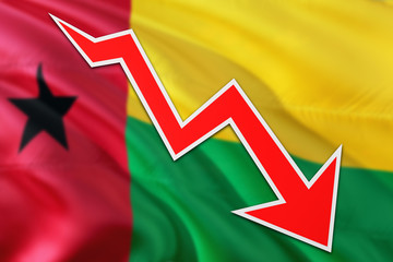 Guinea Bissau economy graph is indicating negative growth, red arrow going down with trend line. Business concept on national background.