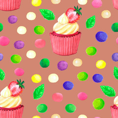 pattern of watercolor colored dots cupcake with strawberry