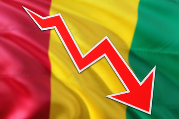 Guinea economy graph is indicating negative growth, red arrow going down with trend line. Business concept on national background.