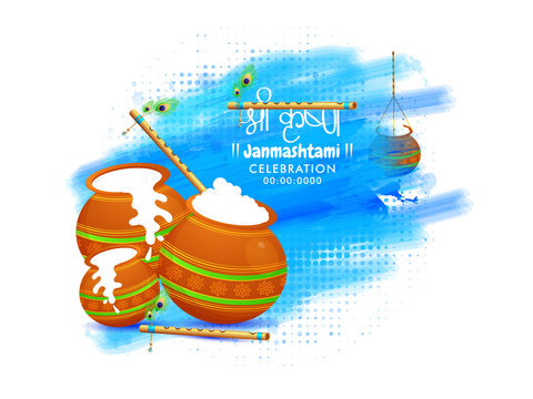 Happy krishna janmashtami. Illustration of dhai handi with makhan, festival of hindu indians. lord krishna birthday celebration.