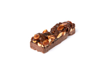 Granola bar with chocolate isolated on white background.