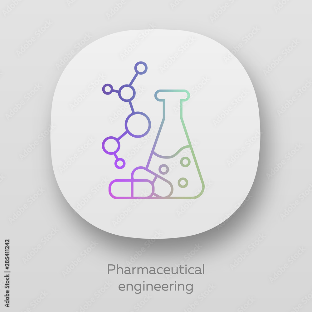 Poster pharmaceutical engineering app icon. drug formulating. chemical engineering. flask, molecule, capsul
