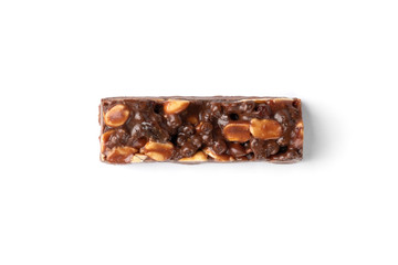 Granola bar with chocolate isolated on white background.