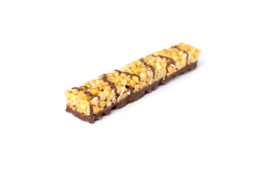 Granola bar with chocolate isolated on white background.