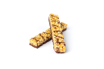Granola bar with chocolate isolated on white background.