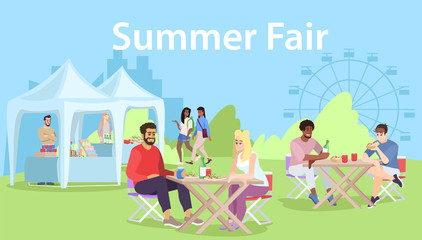 Summer fair flat vector illustration. Festival, carnival, city event celebration banner design. Outdoor cafe, street food tents on fairground. Amusement park, funfair attractions advertising