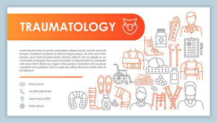 Traumatology web banner, business card vector template. Rheumatology clinic contact page with phone, email linear icons. Injury treatment presentation, web page idea. Corporate print design layout