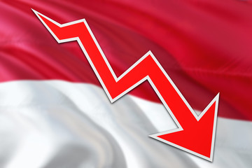 Monaco economy graph is indicating negative growth, red arrow going down with trend line. Business concept on national background.