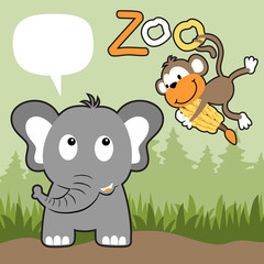 Obraz na płótnie Canvas monkey brings lot of banana for elephant, vector cartoon illustration