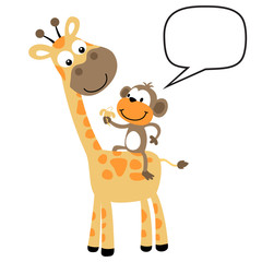 Obraz premium giraffe and monkey on white background, vector cartoon illustration