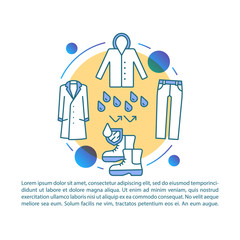 Waterproof clothes article page vector template. Brochure, magazine, booklet design element with linear icons and text boxes. Rainproof clothing. Print design. Concept illustrations with text space