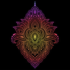 Colorful floral pattern for Mehndi and Henna drawing. Hand-draw lotus symbol. Decoration in ethnic oriental, Indian style. Rainbow design on black background.