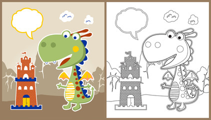 Fototapeta premium vector cartoon of dragon with small castle on mountain background, coloring page or book