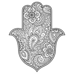 Fototapeta na wymiar Hamsa hand drawn symbol with flower. Decorative pattern in oriental style for interior decoration and henna drawings. The ancient sign of 