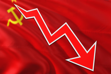 Soviet Union economy graph is indicating negative growth, red arrow going down with trend line....