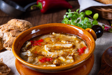 Rustic Spicy tripe soup with red paprika.