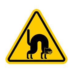 Attention Angry cat. Caution Attacker pet bully. Yellow triangle road sign