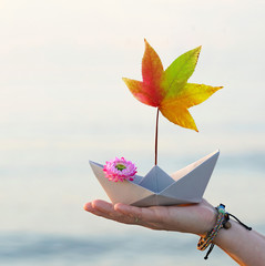 buntes Laubblatt am Segelboot - Herbst