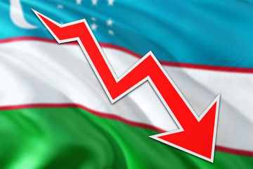 Uzbekistan economy graph is indicating negative growth, red arrow going down with trend line....