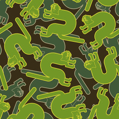 Angry cat military pattern seamless. Attacker pet army background. Hunter and soldier green ornament. Animal Protective vector texture