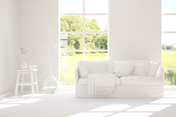 Mock up of stylish room in white color with sofa and green landscape in window. Scandinavian interior design. 3D illustration