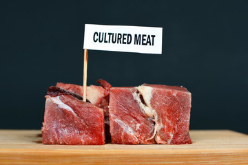 Big raw red meat chunks on wooden plate with label saying 'cultured meat', concept for artificial...