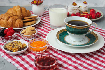 Turkish breakfast on concrete background