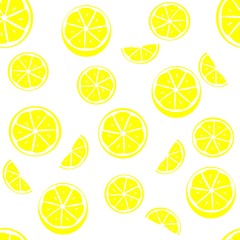 Seamless pattern of yellow lemon slices white background, fruits drawing
