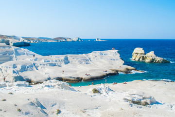 Panoramic view of famous Sarakiniko beach with the grayish white volcanic rocks in Milos island, Greece