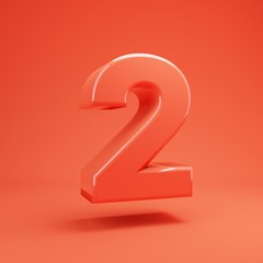 Number 2. Living Coral font with glossy reflections and shadow