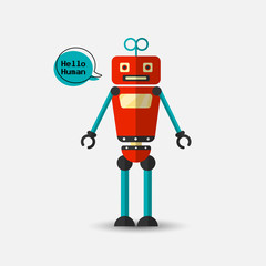 Retro vintage funny vector robot icon in flat style isolated on grey background. Vector vintage illustration of flat Chatbot icon. Customer support service chat bot. Cute cartoon retro robot icon